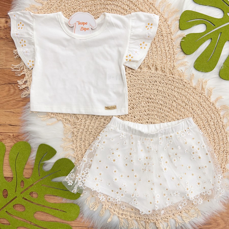 Conj. Blusa Flores e Saia em Tule Margaridas - Off White Conj. Blusa Flores e Saia em Tule Margaridas - Off White